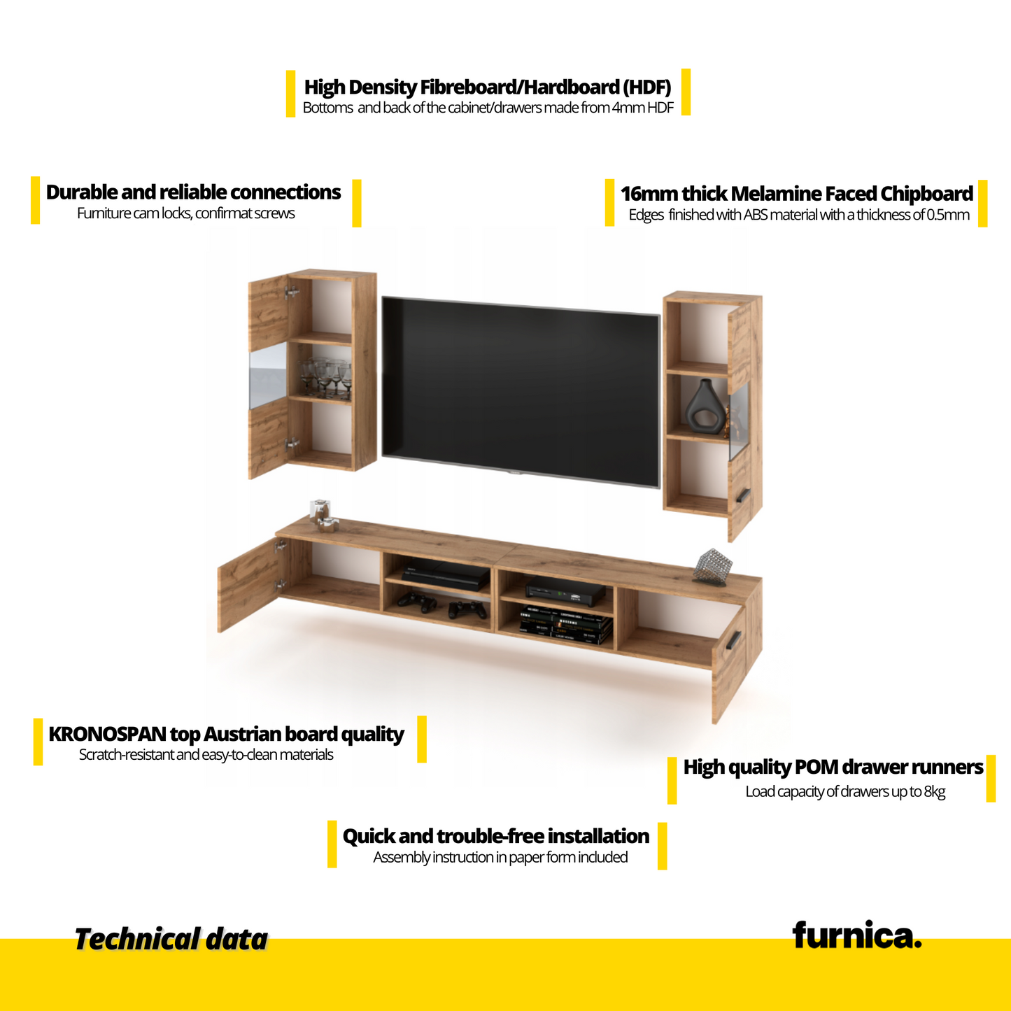 MIRANDA - Mueble TV colgante - 4 armarios - Blanco Mate / Negro Brillante