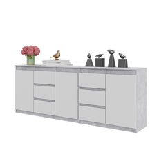 MIKEL - Cómoda de 6 cajones y 3 puertas - Armario de almacenamiento para dormitorio - Aparador - Hormigón / Blanco Mate - A75cm A200cm P35cm