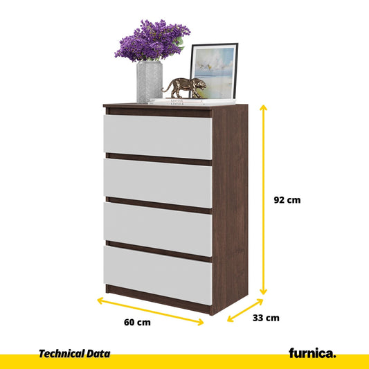 GABRIEL - Cómoda de 4 cajones - Armario de almacenamiento para el dormitorio - Aparador - Wenge / Blanco Mate - A92cm A60cm P33cm