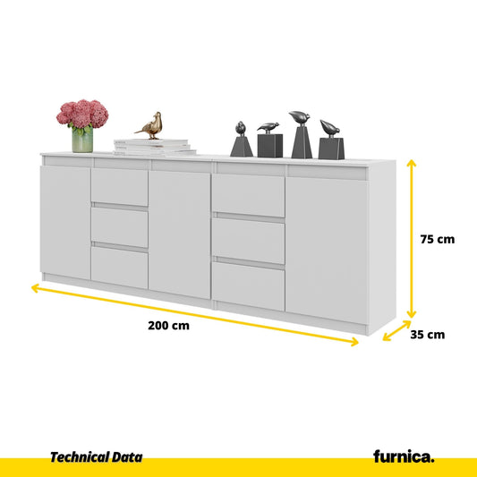MIKEL - Cómoda de 6 cajones y 3 puertas - Armario de almacenamiento para dormitorio - Blanco Mate - A75cm A200cm P35cm (2)