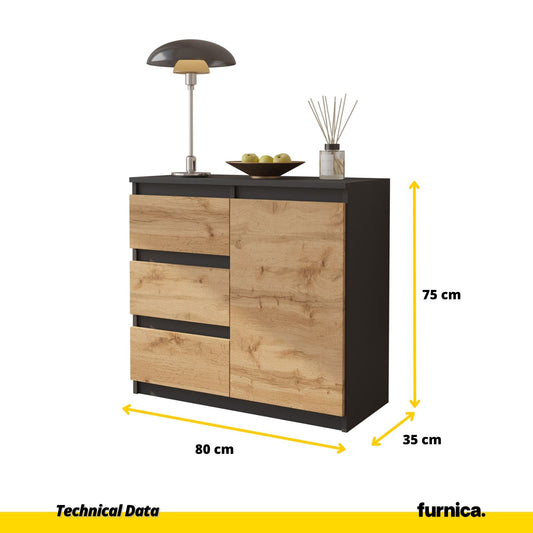 MIKEL - Cómoda de 3 cajones y 1 puerta - Armario de almacenamiento para dormitorio - Aparador - Antracita / Roble Wotan - A75cm A80cm P35cm