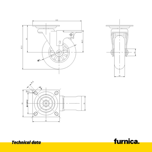 Rueda de mueble con placa de montaje y freno - Transparente - Cromo - Ø7.5cm (2) – Furnica