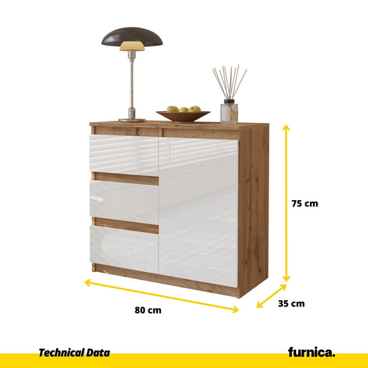 MIKEL - Cómoda de 3 cajones y 1 puerta - Gabinete de almacenamiento para dormitorio - Aparador - Roble Wotan / Blanco Brillante - A75cm A80cm P35cm