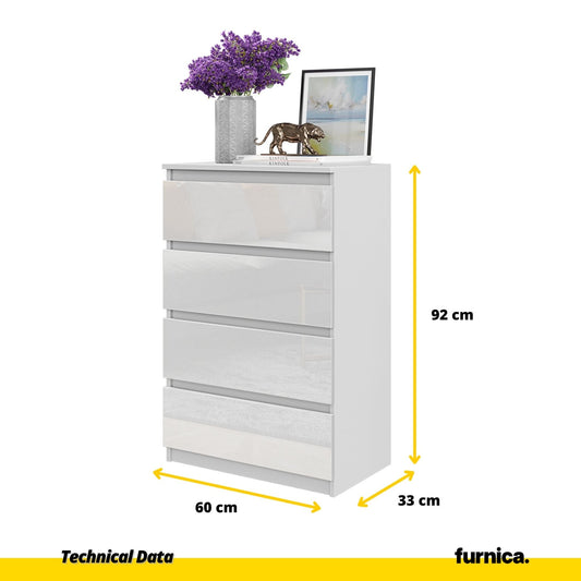 GABRIEL - Cómoda de 4 cajones - Armario de almacenamiento para dormitorio - Blanco Mate / Blanco Brillante A92cm A60cm P33cm
