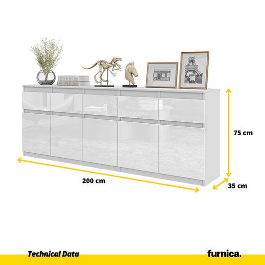 NOAH - Cómoda de 5 cajones y 5 puertas - Armario de almacenamiento para dormitorio - Blanco Mate / Blanco Brillante - (2)