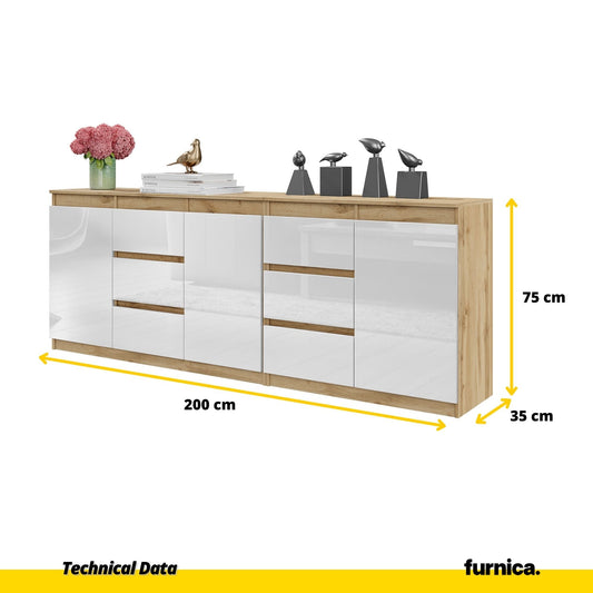 MIKEL - Cómoda de 6 cajones y 3 puertas - Armario de almacenamiento para dormitorio - Aparador - Roble Wotan / Blanco (2)
