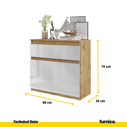 NOAH - Cómoda de 2 cajones y 2 puertas - Armario de almacenamiento para dormitorio - Aparador - Roble Wotan / Blanco (2)