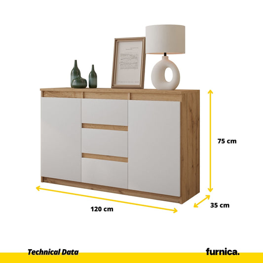 MIKEL - Cómoda de 3 cajones y 2 puertas - Armario de almacenamiento para el dormitorio - Aparador - Roble Wotan / Blanco (2)