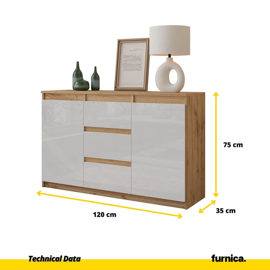 MIKEL - Cómoda de 3 cajones y 2 puertas - Armario de almacenamiento para el dormitorio - Aparador - Roble Wotan / Blanco (2)
