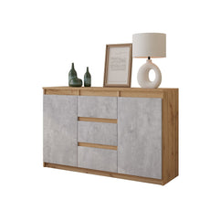MIKEL - Cómoda de 3 cajones y 2 puertas - Armario de almacenamiento para dormitorio - Aparador - Roble Wotan / Hormigón - A75cm A120cm P35cm