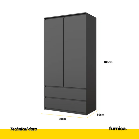 JOELLE - Armario de 2 puertas con 2 cajones - Antracita - A180cm A90cm P50cm (2) – Furnica