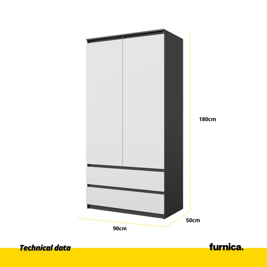 JOELLE - Armario de 2 puertas con 2 cajones - Antracita / Blanco Mate - A180cm A90cm P50cm (2) – Furnica