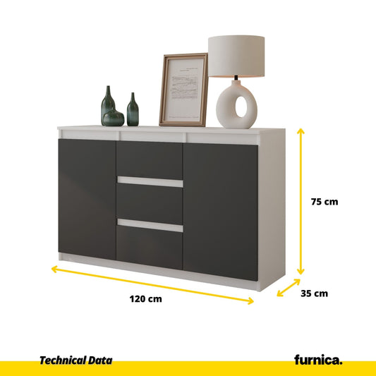 MIKEL - Cómoda de 3 cajones y 2 puertas - Armario de almacenamiento para dormitorio - Blanco Mate / Antracita - A75cm (2)