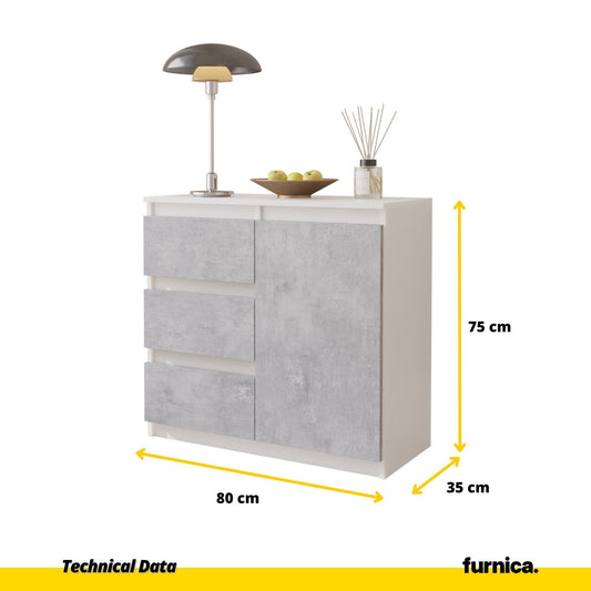 MIKEL - Cómoda de 3 cajones y 1 puerta - Armario de almacenamiento para el dormitorio - Blanco Mate / Hormigón - A75cm A80cm P35cm