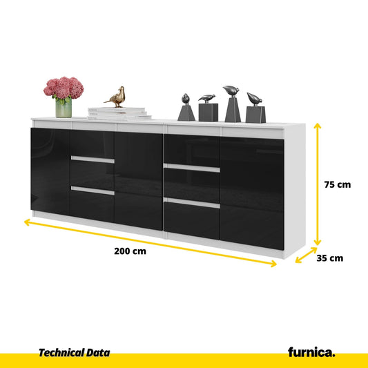 MIKEL - Cómoda de 6 cajones y 3 puertas - Armario de almacenamiento para dormitorio - Aparador - Blanco Mate / Negro (2)