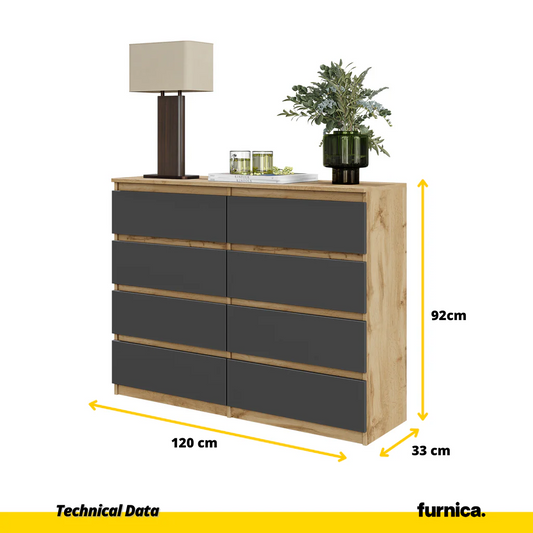 GABRIEL - Cómoda de 8 cajones - Armario de almacenamiento para dormitorio - Roble Wotan / Antracita A92cm A120cm P33cm