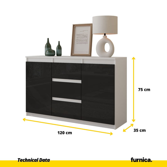 MIKEL - Cómoda de 3 cajones y 2 puertas - Armario de almacenamiento para dormitorio - Aparador - Blanco Mate / Negro (2)