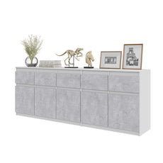 NOAH - Cómoda de 5 cajones y 5 puertas - Armario de almacenamiento para dormitorio - Blanco Mate / Hormigón - A75cm A200cm P35cm