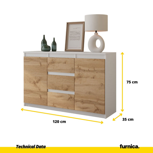 MIKEL - Cómoda de 3 cajones y 2 puertas - Armario de almacenamiento para dormitorio - Aparador - Blanco Mate / Roble (2)