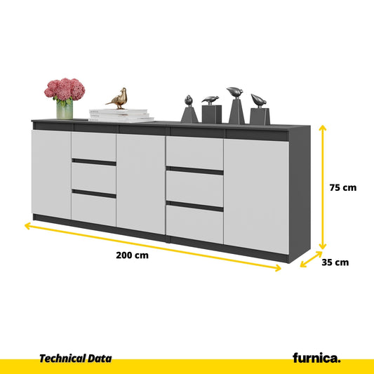 MIKEL - Cómoda de 6 cajones y 3 puertas - Armario de almacenamiento para dormitorio - Aparador - Antracita / Blanco Mate (2)