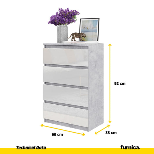 GABRIEL - Cómoda de 4 cajones - Armario de almacenamiento para el dormitorio - Aparador - Hormigón / Blanco Brillante - A92cm A60cm P33cm