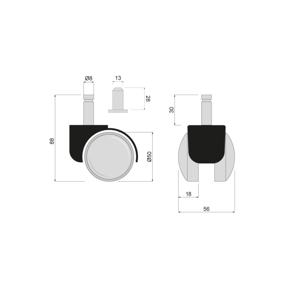 Rueda giratoria de plástico para muebles con pasador de montaje Ø50mm (2) – Furnica