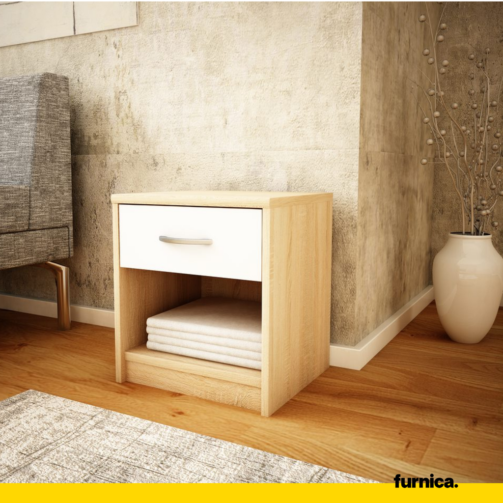 JULIA - Mesa de noche - Mesita de noche con 1 cajón - Roble Sonoma / Blanco mate H45cm W39cm D35cm