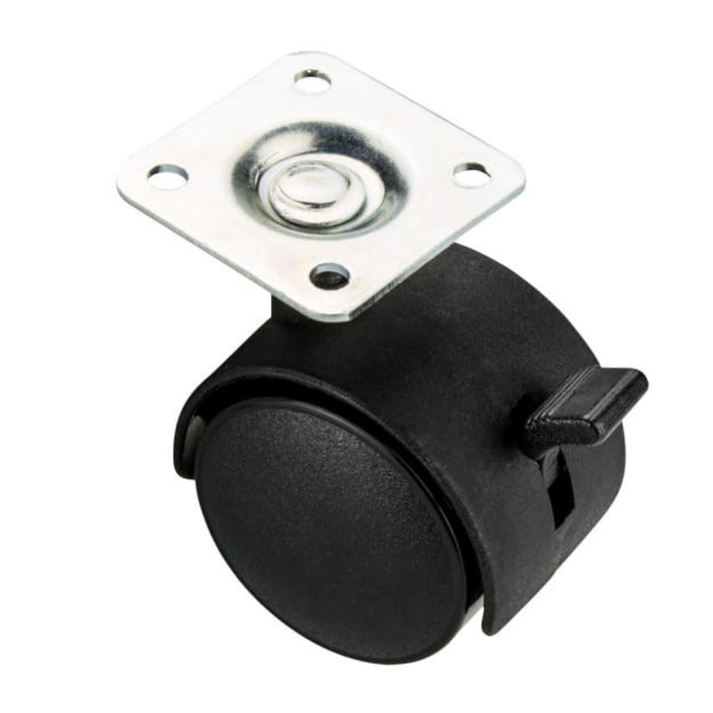 Rueda giratoria de plástico para muebles con placa de montaje y freno Ø50mm. – Furnica