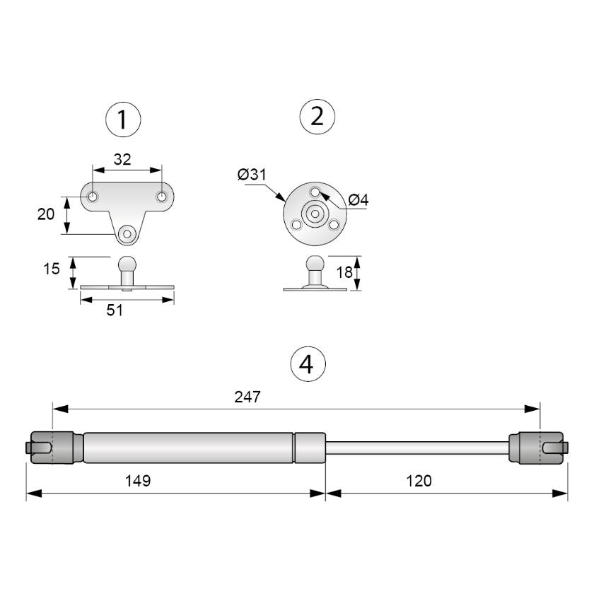 Amortiguador de gas de 250 mm - Blanco - 80N (4) – Furnica