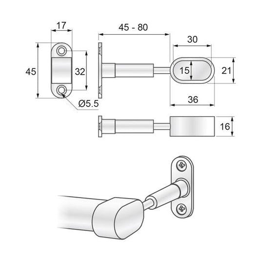 Soporte de extremo de barra ovalado 15x30mm, cromado (2) – Furnica