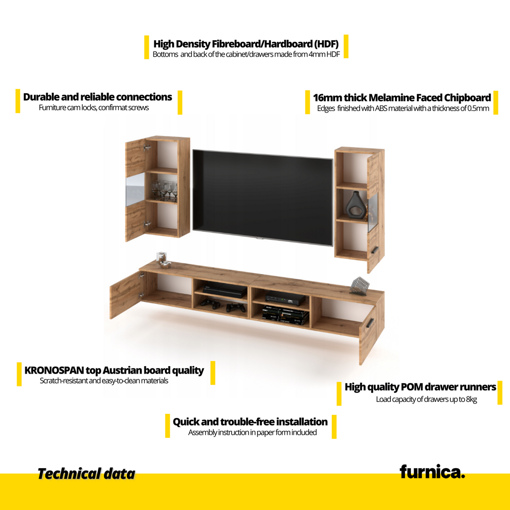 MIRANDA - Mueble TV colgante - 4 armarios - Roble Wotan / Gris Antracita