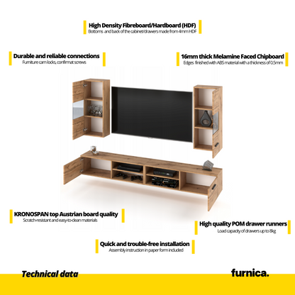 MIRANDA - Mueble TV colgante - 4 armarios - Blanco Mate / Negro Brillante