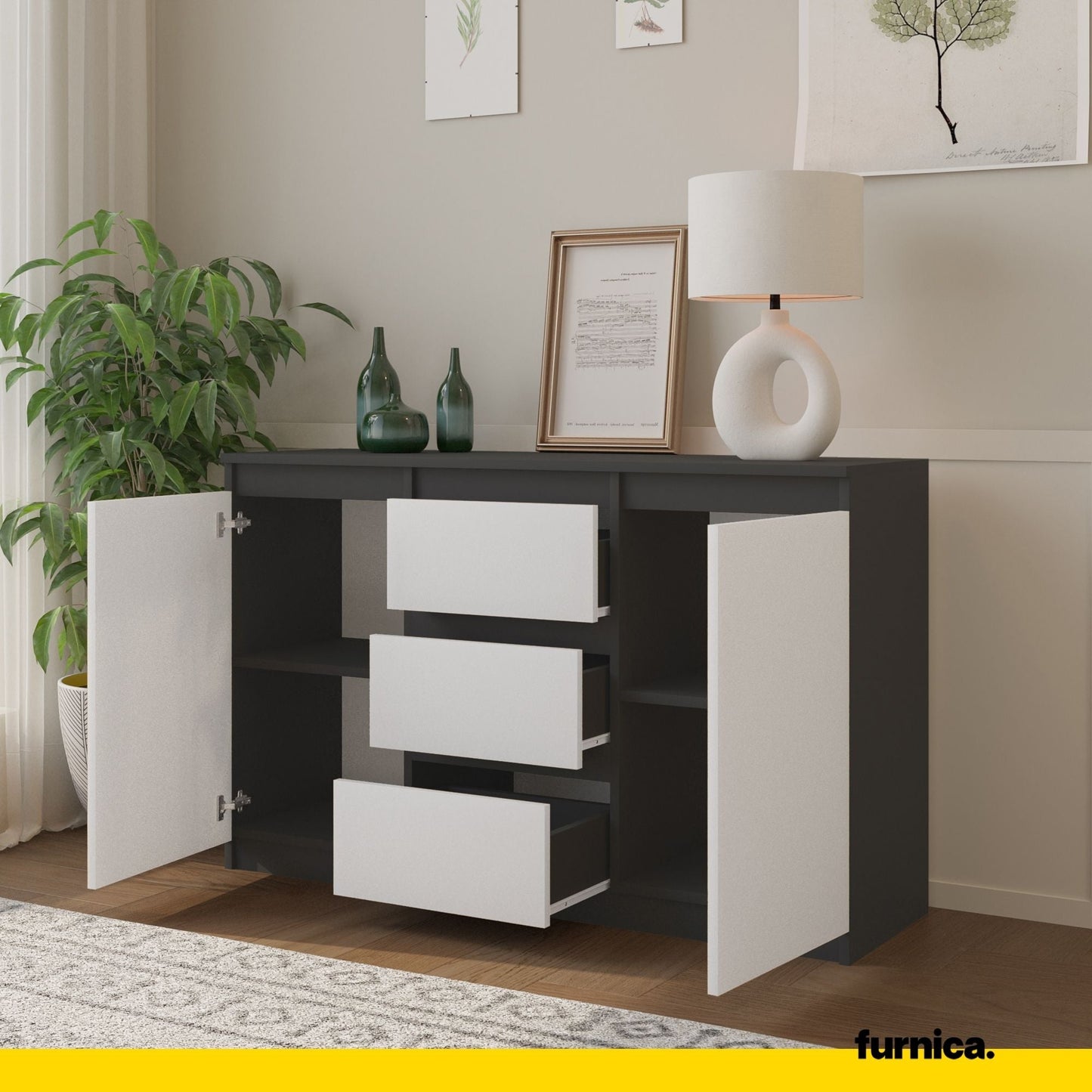 MIKEL - Cómoda de 3 cajones y 2 puertas - Armario de almacenamiento para dormitorio - Aparador - Antracita / Blanco Mate (5)