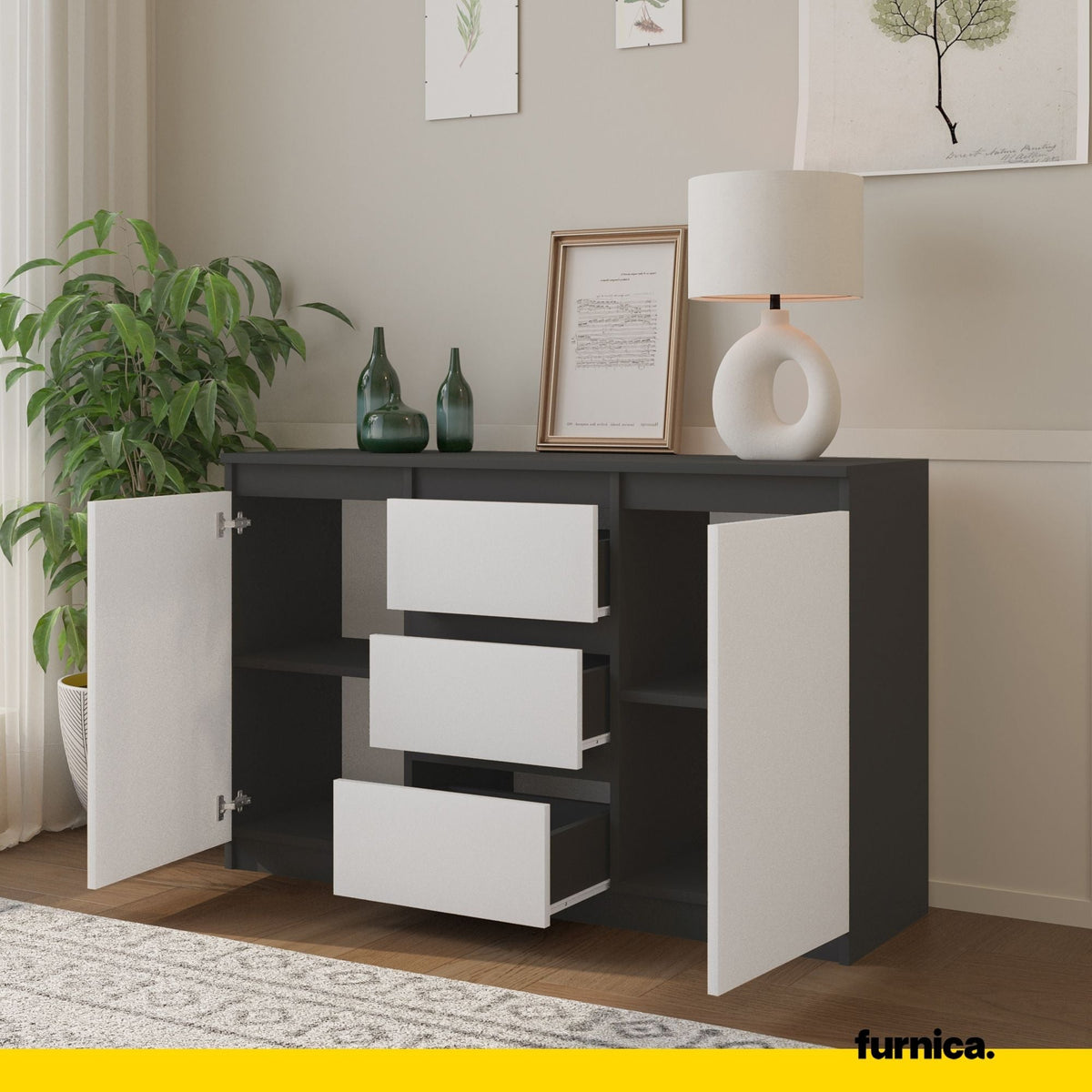 MIKEL - Cómoda de 3 cajones y 2 puertas - Armario de almacenamiento para dormitorio - Aparador - Antracita / Blanco Mate (5)