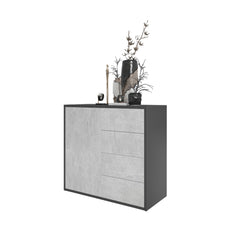 CAMILLE - Aparador con puerta y 4 cajones de apertura push to open - Antracita / Concreto H74cm W80cm D36cm