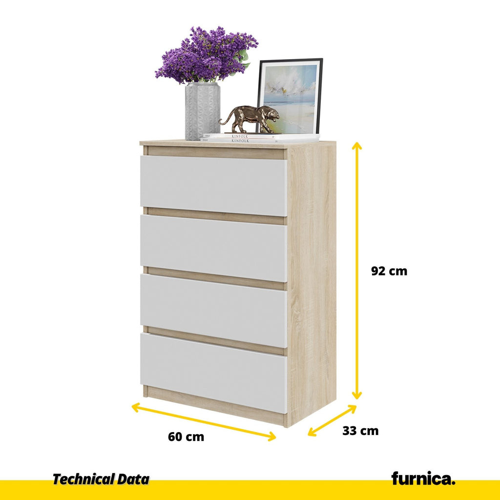 GABRIEL - Cómoda de 4 cajones - Armario de almacenamiento para el dormitorio - Aparador - Roble Sonoma / Blanco Mate A92cm A60cm P33cm