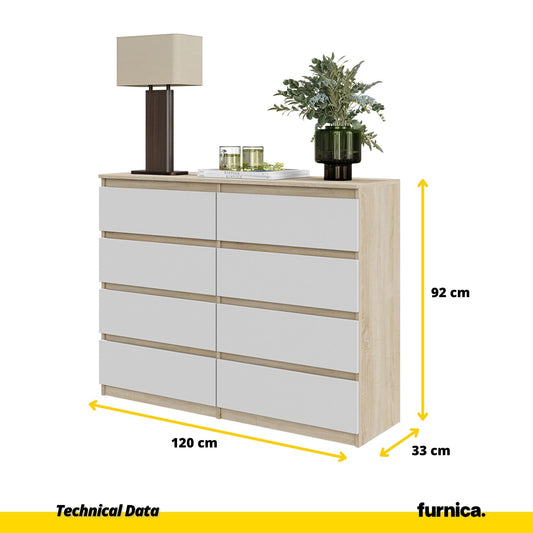 GABRIEL - Cómoda de 8 cajones - Armario de almacenamiento para el dormitorio - Aparador - Roble Sonoma / Blanco A92cm A120cm P33cm