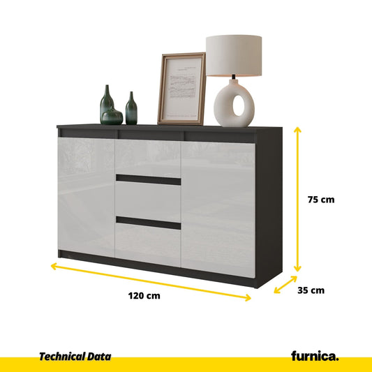 MIKEL - Cómoda de 3 cajones y 2 puertas - Armario de almacenamiento para dormitorio - Aparador - Antracita / Blanco Brillante - A75cm A120cm P35cm