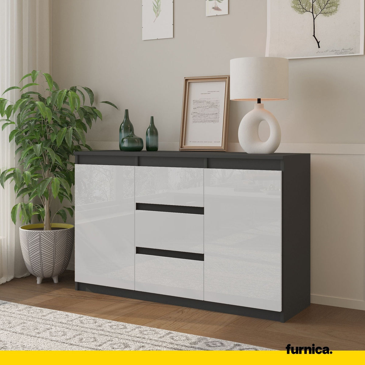 MIKEL - Cómoda de 3 cajones y 2 puertas - Armario de almacenamiento para dormitorio - Aparador - Antracita / Blanco (4)