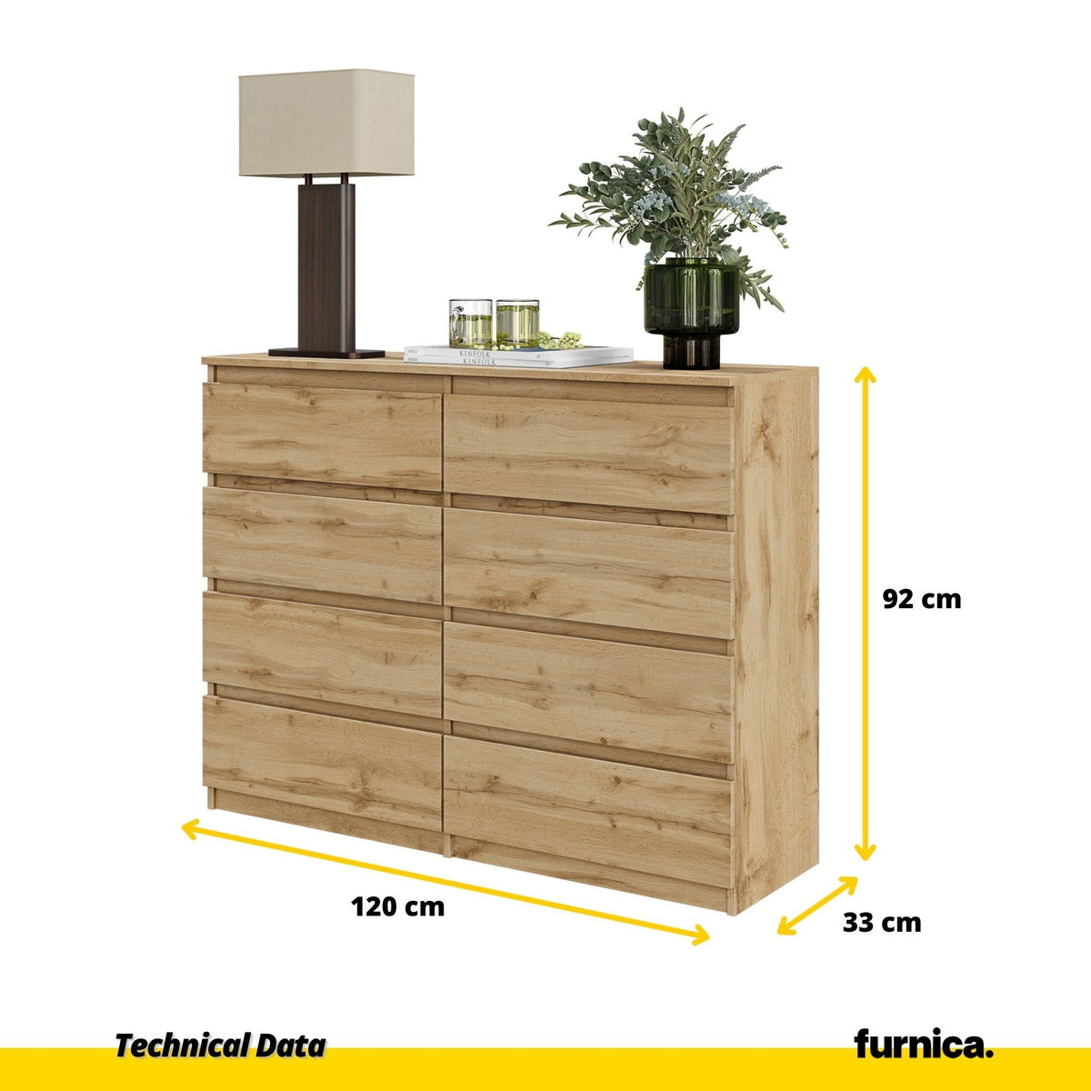 GABRIEL - Cómoda de 8 cajones - Armario de almacenamiento para el dormitorio - Aparador - Roble Wotan - A92cm A120cm (2)
