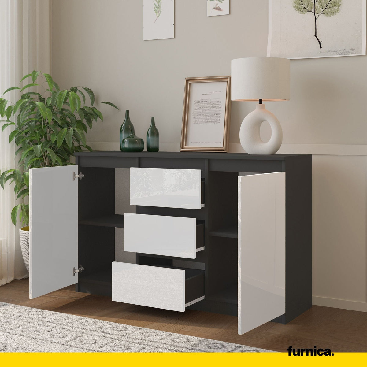 MIKEL - Cómoda de 3 cajones y 2 puertas - Armario de almacenamiento para dormitorio - Aparador - Antracita / Blanco (5)
