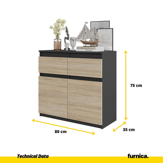 NOAH - Cómoda de 2 cajones y 2 puertas - Armario de almacenamiento para dormitorio - Aparador - Antracita / Roble Sonoma - A75cm A80cm P35cm