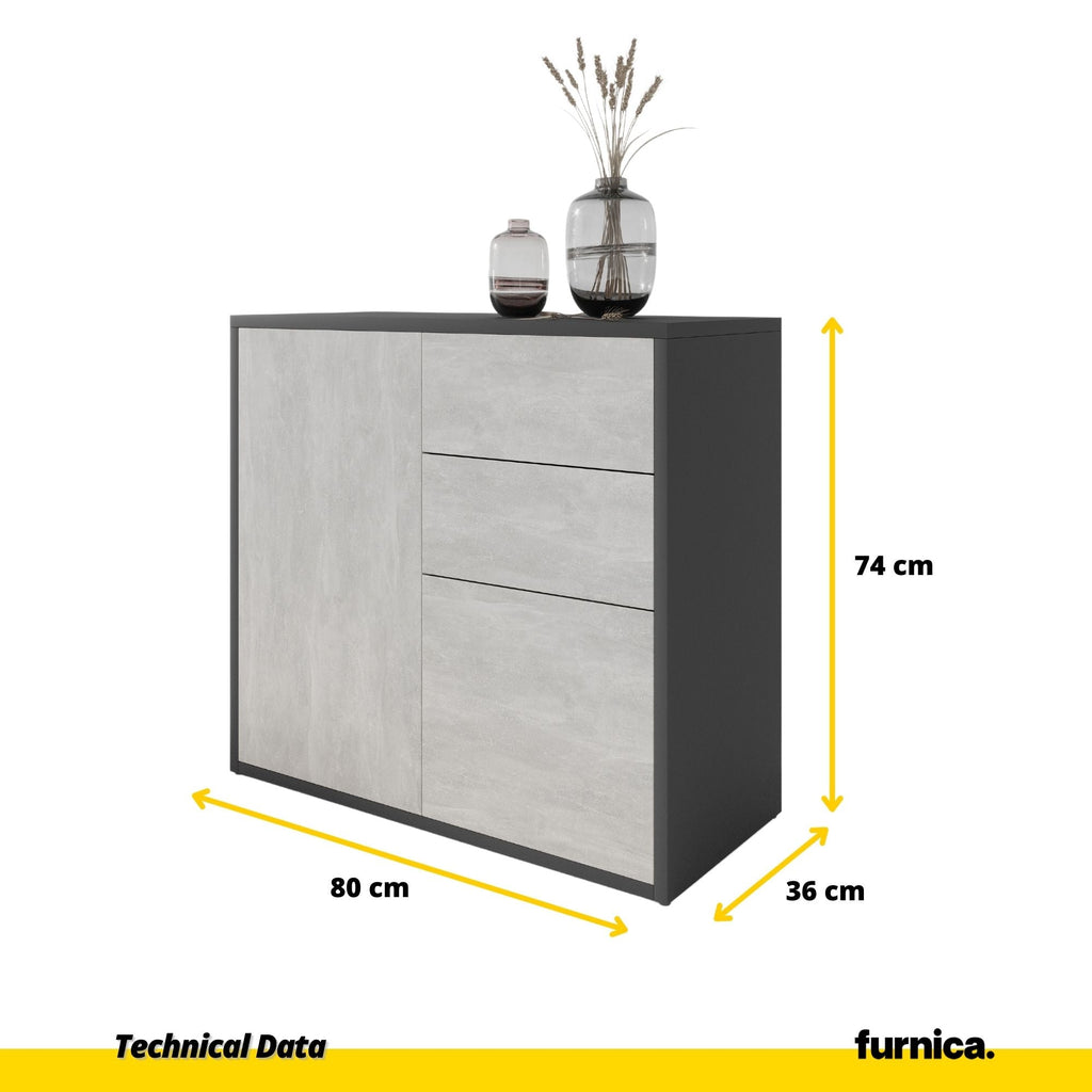 CAMILLE - Aparador de empuje para abrir con 2 puertas y 2 cajones - Antracita / Concreto H74cm W80cm D36cm