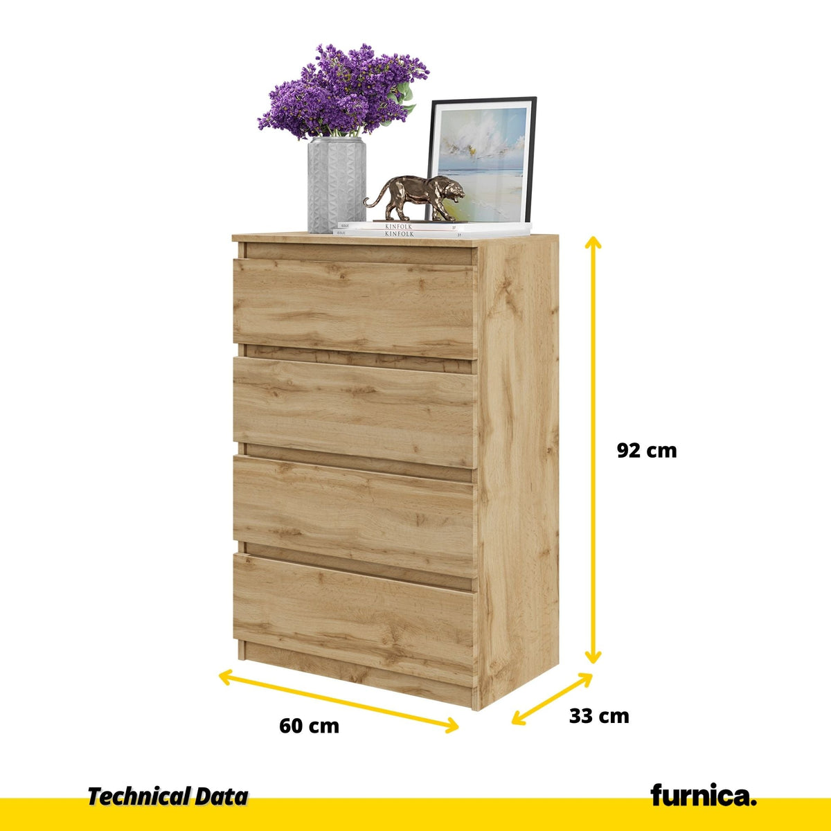 GABRIEL - Cómoda de 4 cajones - Armario de almacenamiento para el dormitorio - Aparador - Roble Wotan - A92cm A60cm P33cm (2)