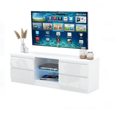 MARCO - Mueble TV con 4 cajones y 1 estante de vidrio - A45cm A120cm P35cm - Blanco Mate / Blanco Brillante