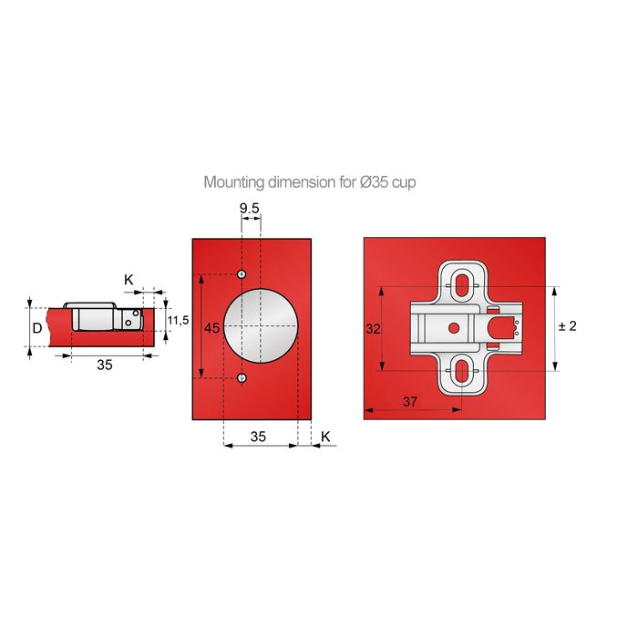 110° Bisagra de cierre suave, placa de montaje H0 con tornillos EURO, puertas superpuestas (9) – Furnica