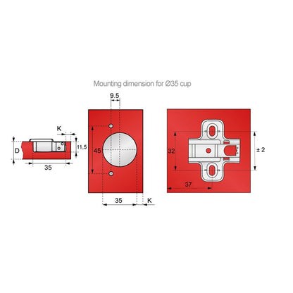 Bisagra de cierre suave de 110°, placa de montaje H0 con tornillos EURO, puertas superpuestas (5) – Furnica