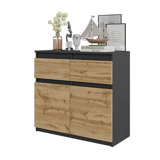 NOAH - Cómoda de 2 cajones y 2 puertas - Armario de almacenamiento para dormitorio - Aparador - Antracita / Roble Wotan - A75cm A80cm P35cm