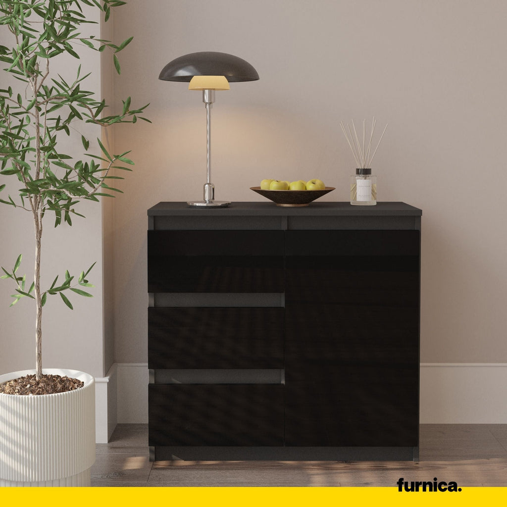 MIKEL - Cómoda de 3 cajones y 1 puerta - Armario de almacenamiento para dormitorio - Aparador - Antracita / Negro Brillante - A75cm A80cm P35cm