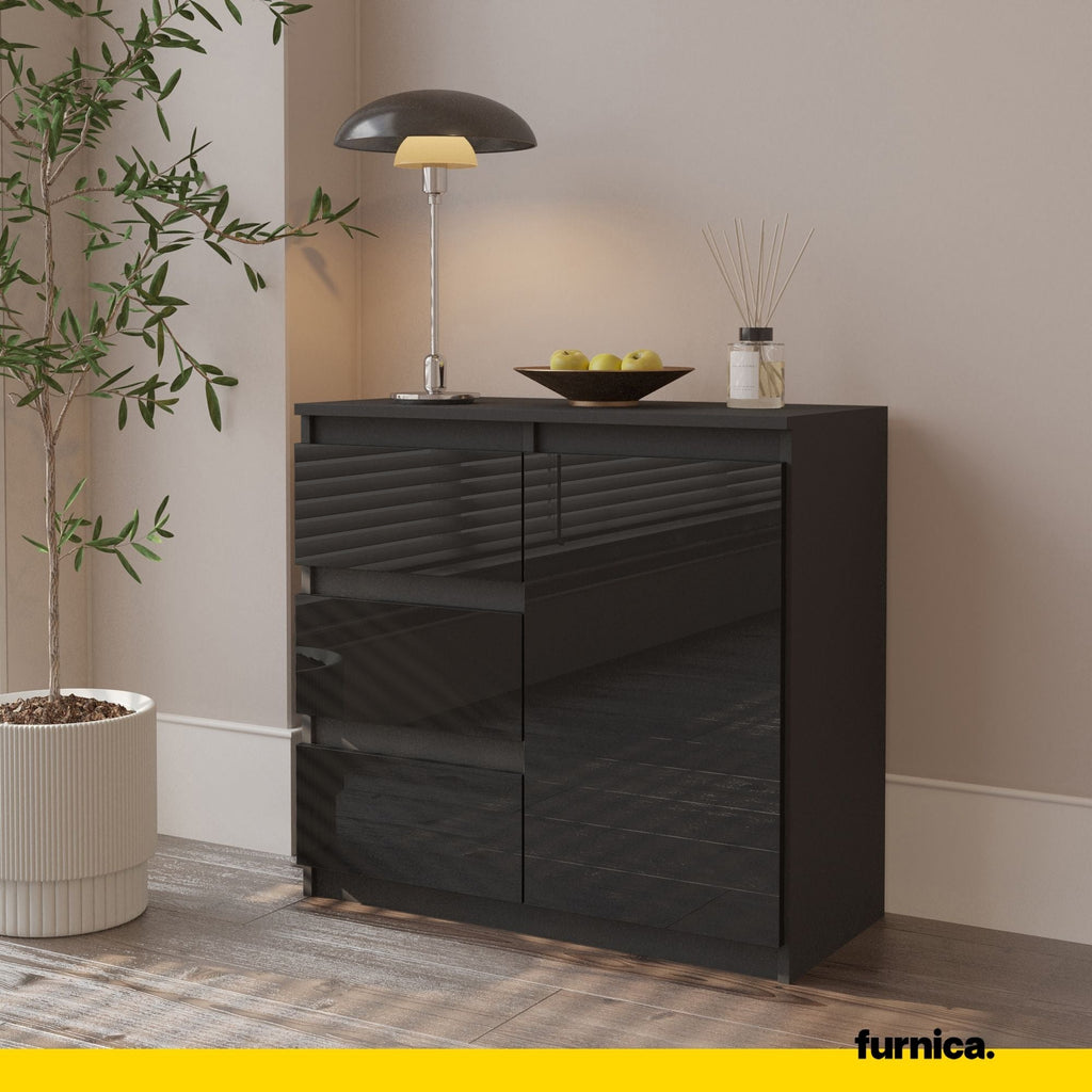 MIKEL - Cómoda de 3 cajones y 1 puerta - Armario de almacenamiento para dormitorio - Aparador - Antracita / Negro Brillante - A75cm A80cm P35cm